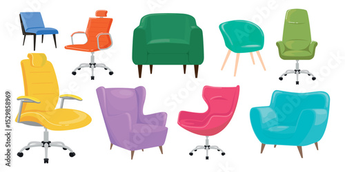 Set of comfortable modern armchairs in cartoon style. Vector illustration of colored home, office chairs for the workplace of various shapes, types isolated on white background. Interior elements.