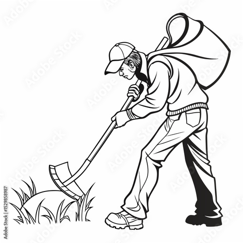 Professional gardener with hoe isolated on white background