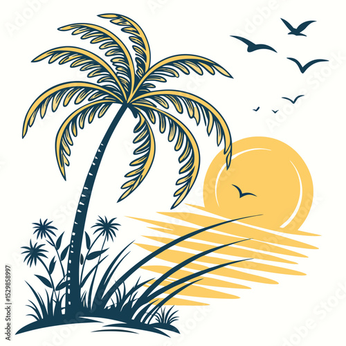 Tropical palm tree silhouette against a sunset with birds flying over the sea
