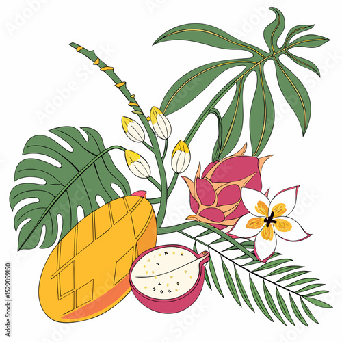 Tropical fruits mango dragon fruit passion fruit leaves design element