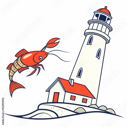 Cartoon lobster and lighthouse illustration, transparent background