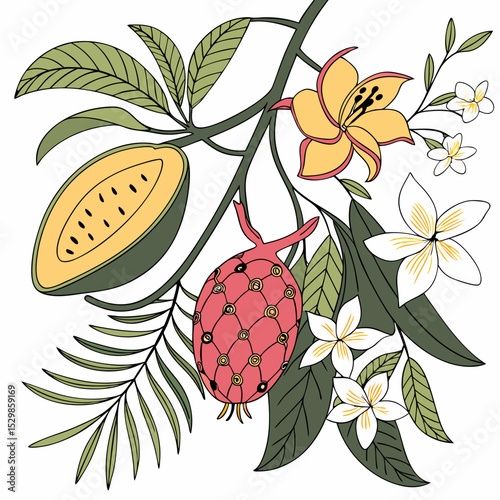 Tropical fruits flowers branch botanical illustration