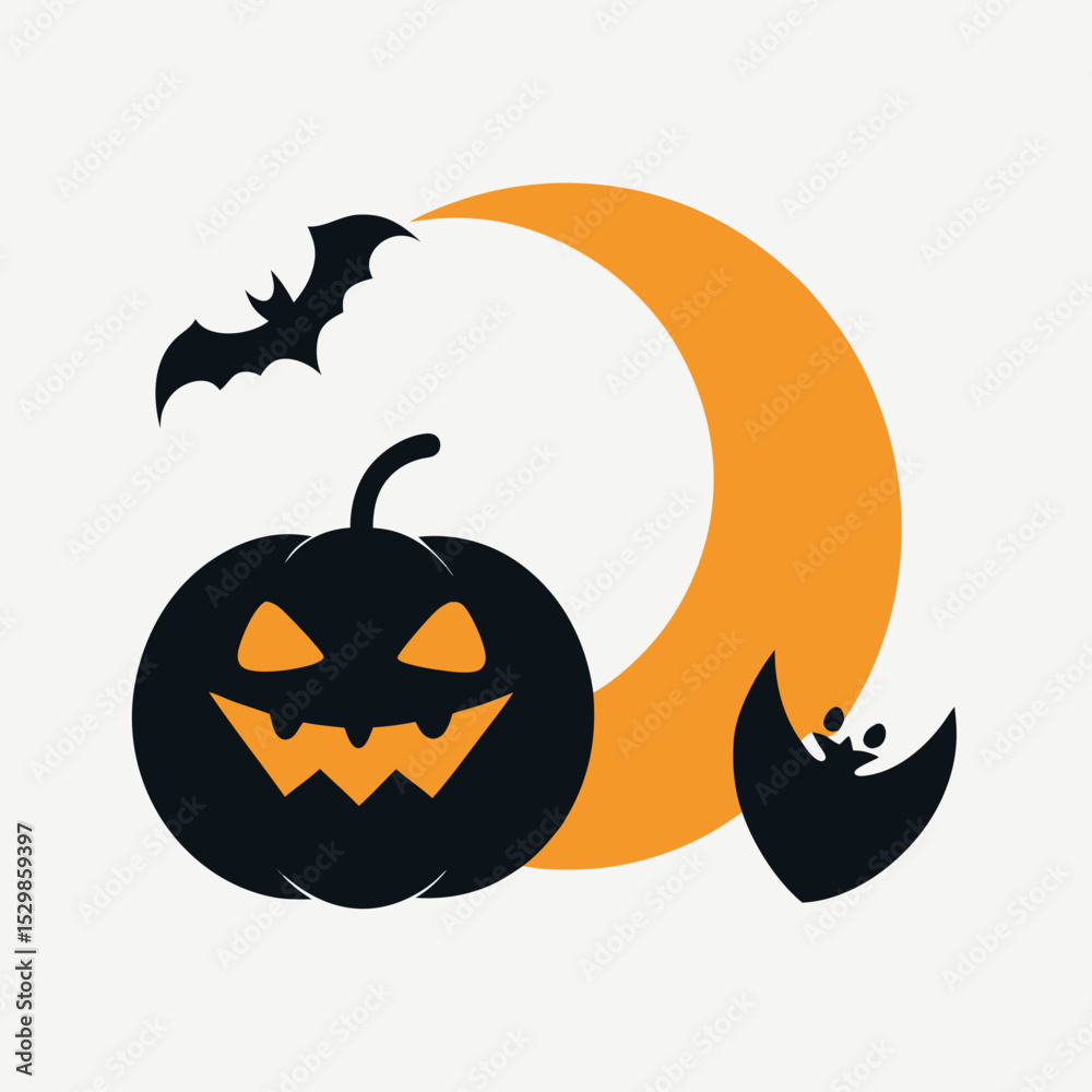 Fototapeta premium Halloween Vector Pumpkin Bat Moon White Background Minimal