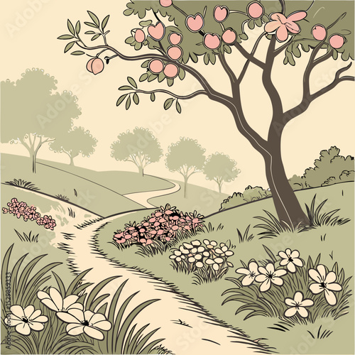 Serene peach orchard path winding through blossoms