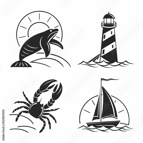 Nautical icons set whale lighthouse crab sailboat