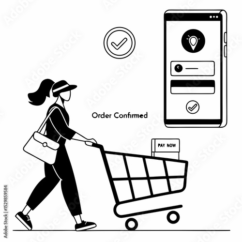 Woman pushing shopping cart online order confirmed