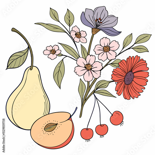 Floral still life with pear peach and berries
