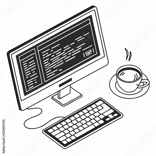 Computer programmer workspace coffee break code
