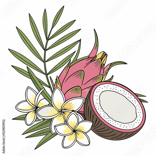 Tropical fruits and flowers dragon fruit coconut plumeria