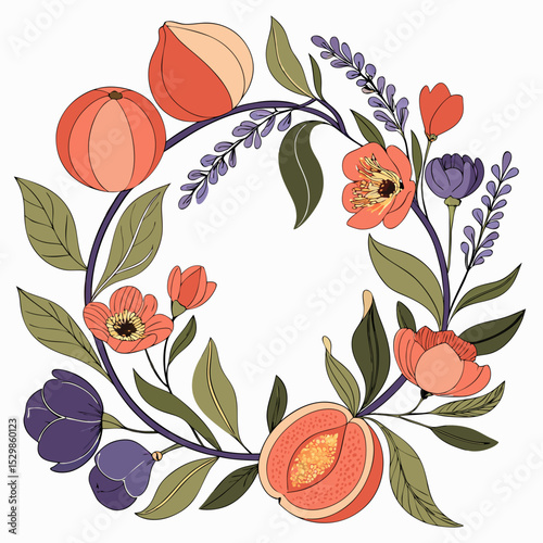 Floral wreath with peaches and purple flowers