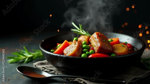 Hearty vegetable stew simmering in a black bowl with herbs and steam rising in a cozy setting