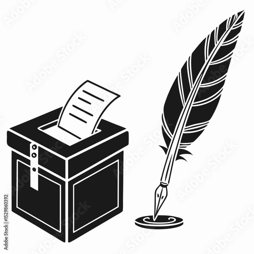 Ballot box and quill pen, isolated vector illustration, transparent background