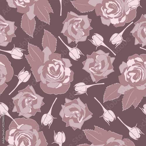 Blush and Pink Roses With Leaves and Buds. Monochromatic Flowers on Dark Mauve Background. Vector Seamless Pattern