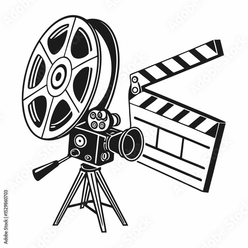 Vintage movie camera film reel clapperboard
