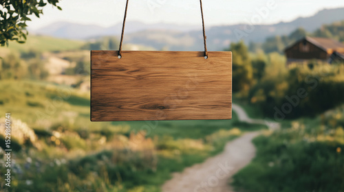 A blank wooden signboard hangs from a post in a tranquil rural landscape.