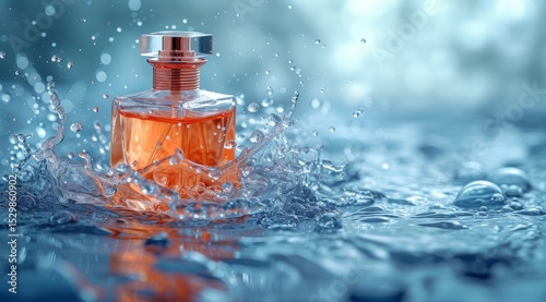 A luxurious perfume bottle shimmers in a splash of water, capturing the essence of elegance, beauty, and the allure of high-end fragrances in a captivating manner.