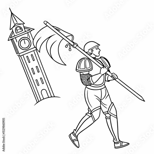 Medieval knight carrying banner near clock tower
