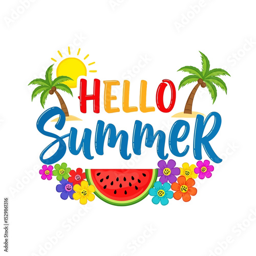 Colorful Summer Greeting with Watermelon and Palm Trees
