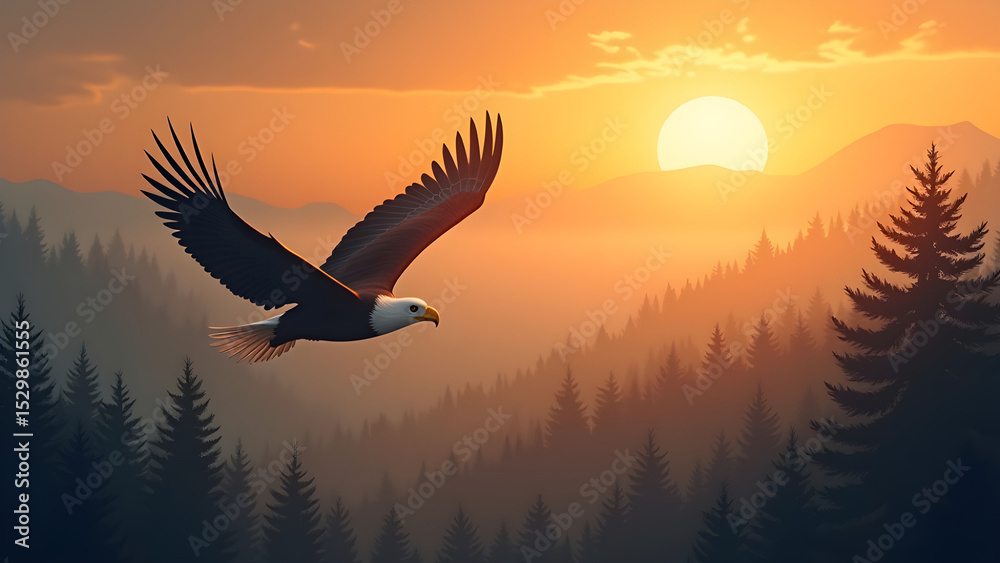 Fototapeta premium Majestic Eagle Soaring Over Misty Forest Landscape During Golden Hour at Dawn with Vibrant Sky and Rolling Fog