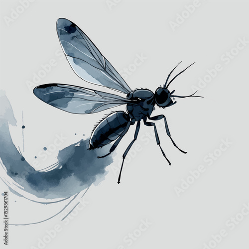 Midge watercolor vector. Minimal flying insect with airy motion and artistic brush texture.