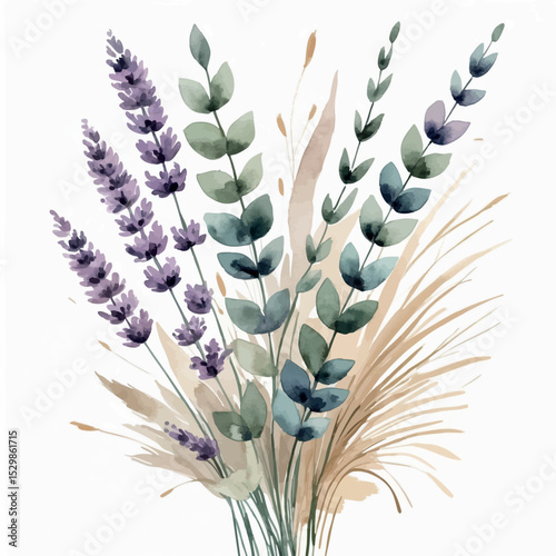 Neutral botanical bouquet vector. Soft earthy blend of herbs and dry textures.