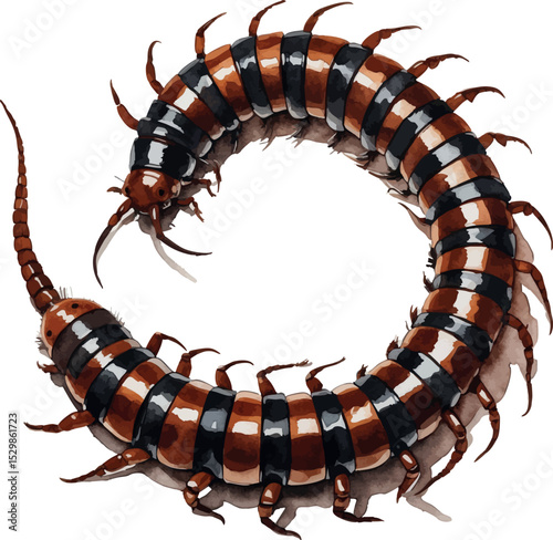Millipede spiral vector. Curled segmented body with dark watercolor texture.