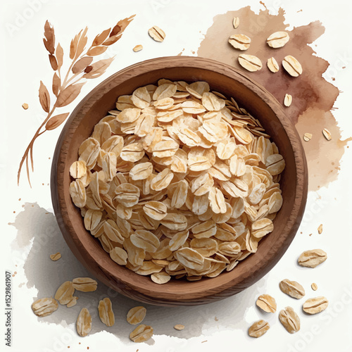 Watercolor oats vector. Healthy grain illustration in bowl with warm rustic texture.