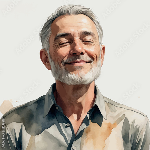 Calm senior man. Watercolor portrait of ease simplicity and wisdom.