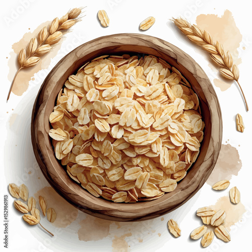 Watercolor oats vector. Healthy grain illustration in bowl with warm rustic texture.