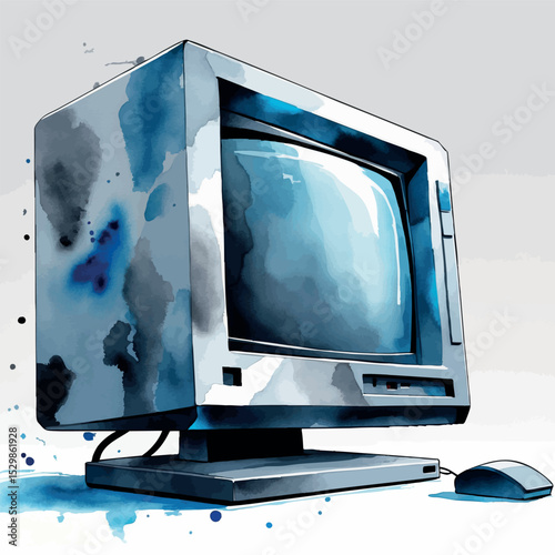 Pixel computer vector. Watercolor retro monitor with soft tones and 8-bit charm.