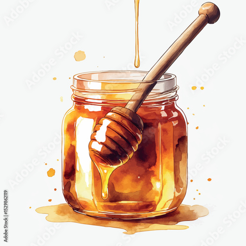 Watercolor honey jar vector. Sweet golden food illustration with artistic texture and dipper detail.