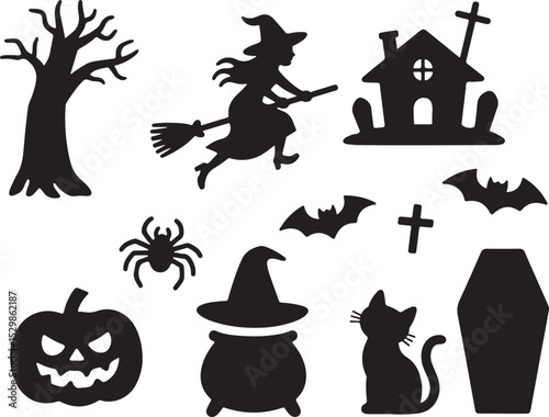 Halloween Vector Elements Silhouette. halloween icons set. Design of witch, creepy and spooky elements for halloween decorations. Vector illustration