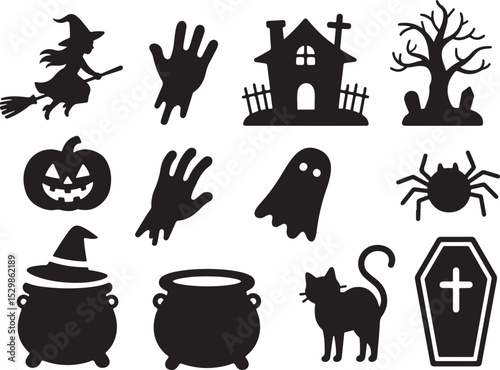 Halloween Vector Elements Silhouette. halloween icons set. Design of witch, creepy and spooky elements for halloween decorations. Vector illustration