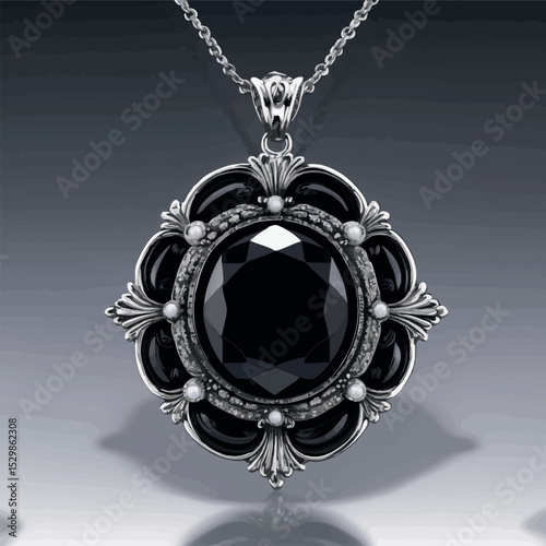 Gothic onyx pendant vector. Elegant jewelry with vintage silver frame.