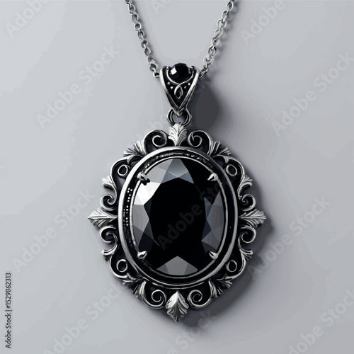 Gothic onyx pendant vector. Elegant jewelry with vintage silver frame.