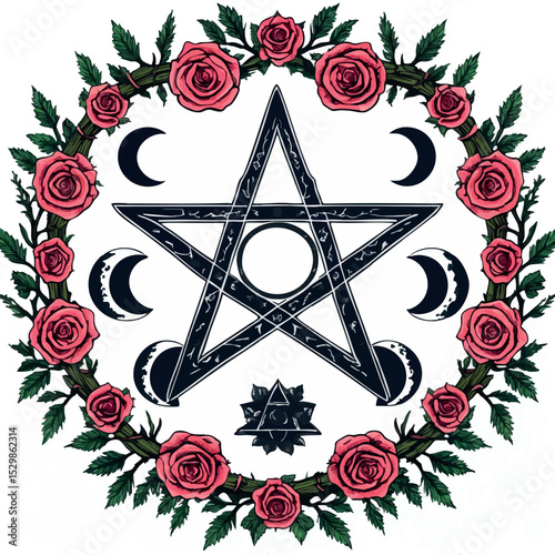 Gothic pentagram vector. Dark floral symbol of ritual power and nature.