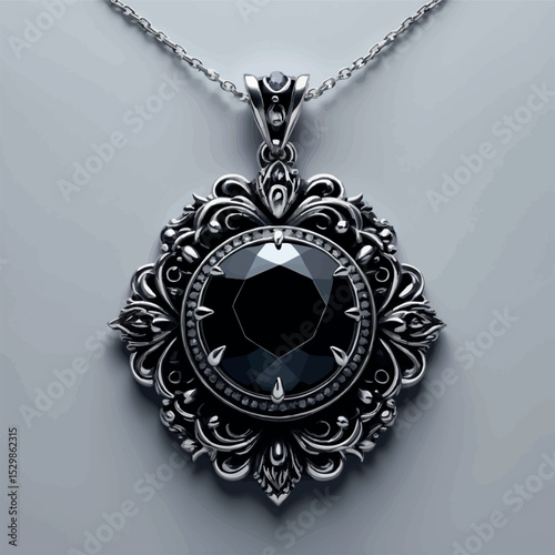 Gothic onyx pendant vector. Elegant jewelry with vintage silver frame.