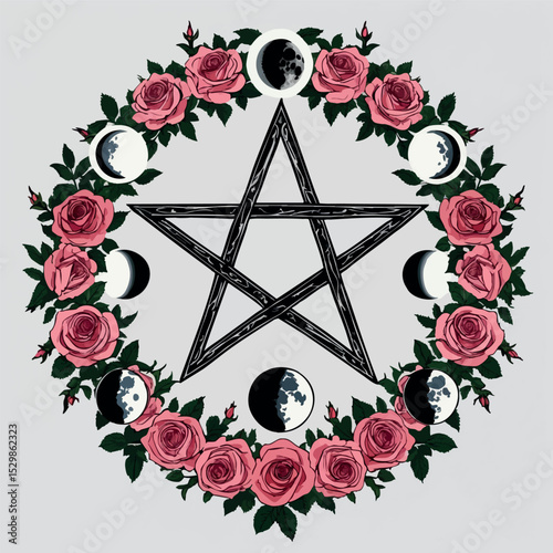 Gothic pentagram vector. Dark floral symbol of ritual power and nature.