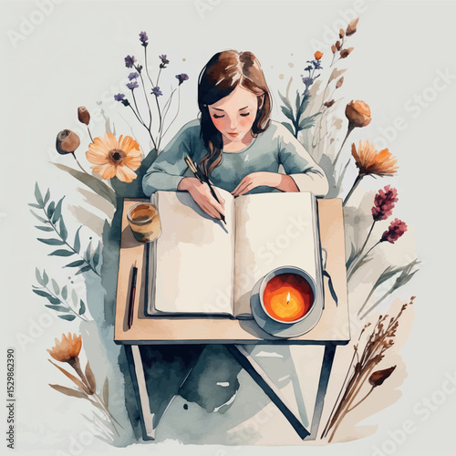 Journaling time vector. Quiet personal routine in soft style.