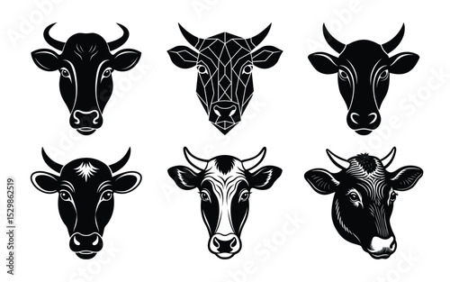 set of vector black and white cows heads on white background