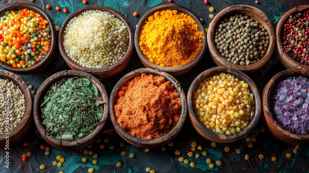 An artistic display of vibrant spices arranged in wooden bowls, showcasing a variety of colors and textures that stimulate the senses and represent culinary delights from around the world. An artistic display of vibrant spices arranged in wooden bowls, showcasing a variety of colors and textures that stimulate the senses and represent culinary delights from around the world.