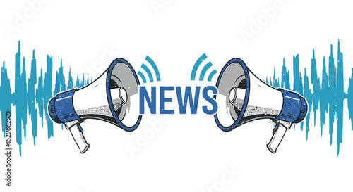 Megaphones amplifying news with sound waves vector illustration