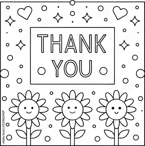 Thank You Message with Hearts, Stars, Sunflowers and Dots in Outline