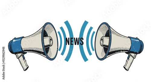 Retro megaphones broadcasting news with sound waves in blue and white illustration vector illustration