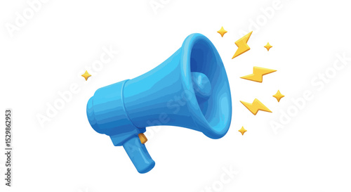 Blue megaphone with yellow lightning bolts and stars on white background vector illustration