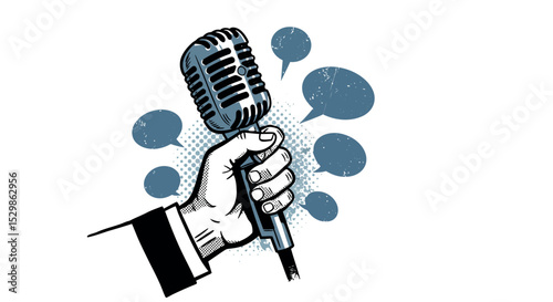 Retro comic style microphone held by hand with speech bubbles in blue and white vector illustration