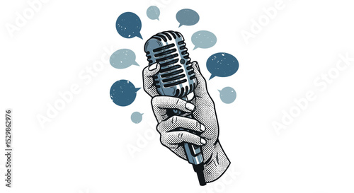 Retro microphone held by hand with speech bubbles in background vector illustration