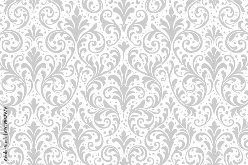 Baroque damask seamless wallpaper with white and grey floral pattern.