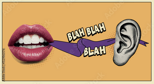Pop art style mouth with gagged ear illustration communicating sounds vector illustration
