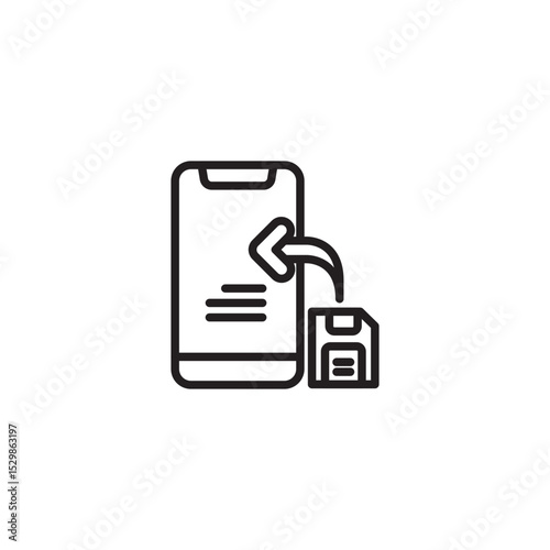 A sleek line icon shows a smartphone with an arrow pointing from a floppy disk into it, symbolizing data restoration, transferring files to a phone, or mobile data import.